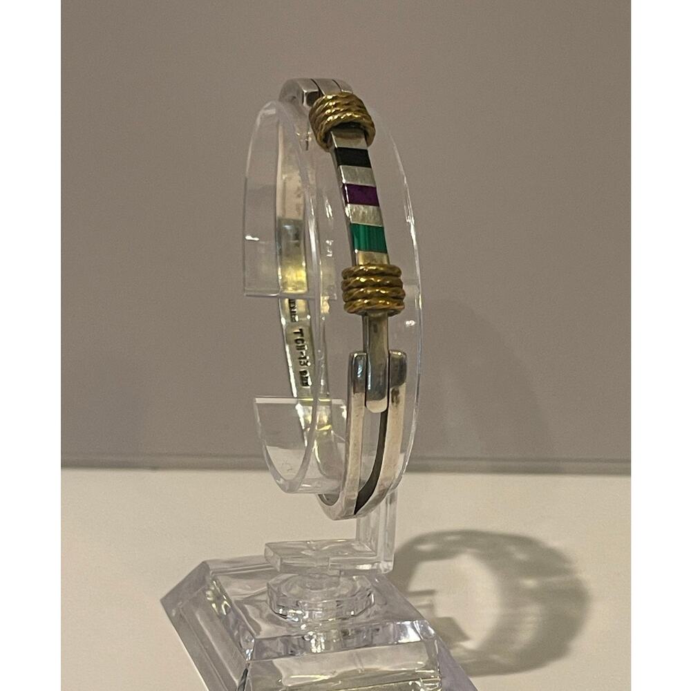 Taxco Mexico Sterling Silver Stone Inlay Hinge Bangle Bracelet